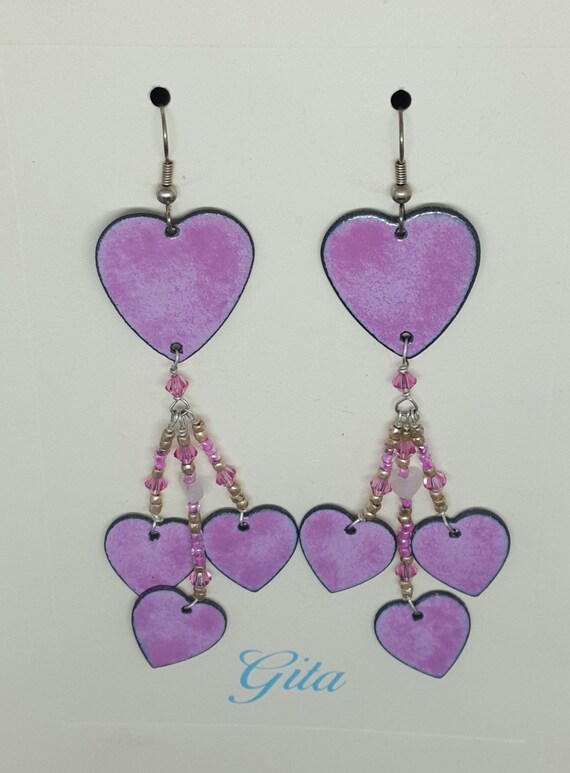 Vintage 80's GITA Enameled Pink Heart Dangle Earr… - image 3