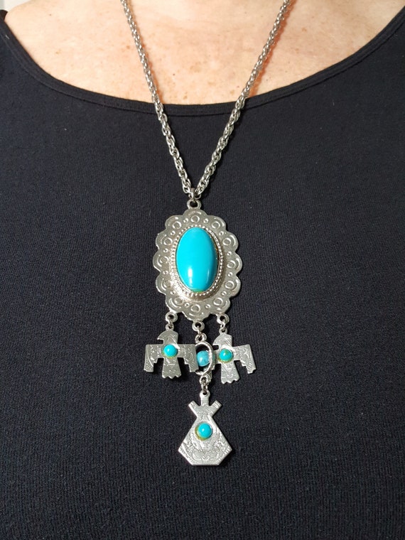 60's Faux Turquoise and Silver Eagle and Teepee N… - image 1