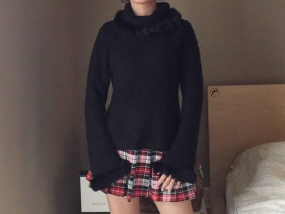 Escapade Rabbit Fur Trim Turtleneck Sweater Top