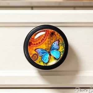 May include: A round cabinet knob with a black metal frame featuring a vibrant blue butterfly centred on a warm yellow and orange background with intricate circular patterns and script-like details printed on the surface of the knob.