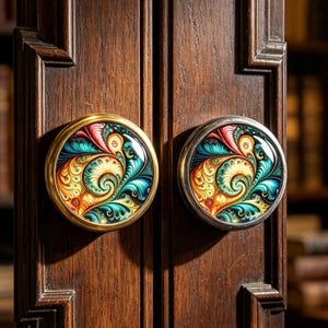 May include: Two circular cabinet knobs mounted on dark wood doors. Each knob features a glass inlay with a vibrant, swirling pattern in shades of teal, orange, yellow, and red. One knob has a gold-toned metal rim, while the other has a silver-toned rim.