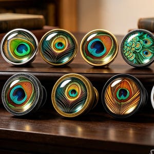 Peacock Glass Cabinet Knobs,Peacock Feather Drawer Pulls,Vintage Round Furniture Knob,Glass Dome Dresser Hardware,Decorative Cupboard Knob