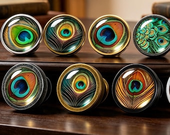 Peacock Glass Cabinet Knobs,Peacock Feather Drawer Pulls,Vintage Round Furniture Knob,Glass Dome Dresser Hardware,Decorative Cupboard Knob