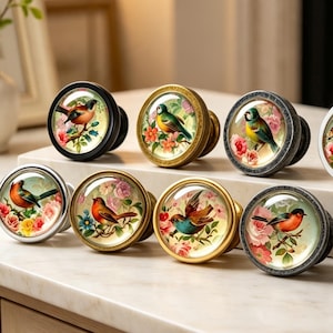 Bird Floral Glass Dome Cabinet Knobs, Vintage Flower Bird Drawer Pulls, Round Dresser Knob, Farmhouse Cupboard Handle Furniture Hardware