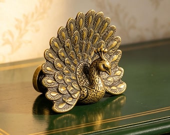 Solid Brass Peacock Cabinet Knobs, Antique Brass Drawer Knob, Animal Furniture Hardware for Dresser Cupboard Wardrobe
