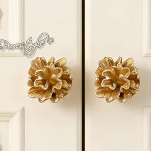 May include: Two gold-colored, flower-shaped cabinet knobs are mounted on a cream-colored cabinet door. The knobs have detailed petal designs. The cabinet door has decorative molding.