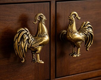 Solid Brass Rooster Cabinet Knobs, Antique Brass Animal Drawer Knobs, Farm Bird Furniture Hardware for Dresser Cupboard
