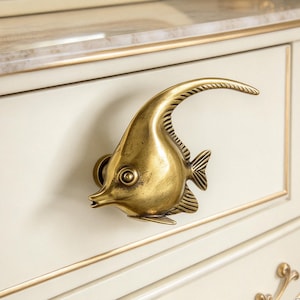 Vintage Brass Fish Cabinet Pull, Antique Brass Angel Fish Drawer Handle, Nautical Coastal Kitchen Hardware, Ornate Sea Life Dresser Knob