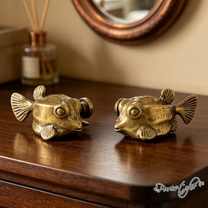 Tirador de cajón de latón antiguo con forma de pez globo, bonito tirador de cajón con forma de animal marino, herrajes decorativos náuticos retro para muebles del hogar.
