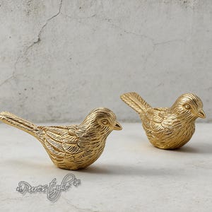 May include: Two gold-colored bird figurines. The birds are detailed with textured feathers and beaks. The birds are positioned on a light-colored surface against a neutral background. The bird figurines are decorative.