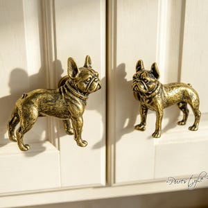 Puxador de gaveta em latão maciço com formato de Bulldog Francês, puxador de armário com cachorro, puxador de latão vintage, ferragens para móveis com tema de animais de estimação para decoração de cômodas e armários.