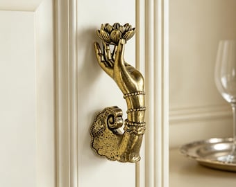 Vintage Brass Mudra Hand with Lotus Pull, Zen Style Cabinet Handle, Decorative Furniture Hardware for Dresser Cupboard, Brass Home Decor