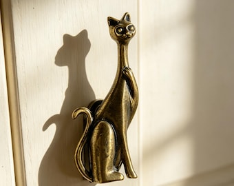 Solid Brass Cat Drawer Knob, Animal Cabinet Pull, Vintage Brass Knob, Whimsical Pet Furniture Hardware for Dresser Cupboard Decor