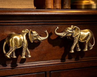 Solid Brass Elephant Drawer Knob, Antique Brass Cabinet Pull, Brass Pull Handle, Animal Furniture Hardware for Dresser Cupboard Decor