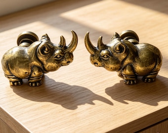 Solid Brass Rhino Drawer Knob, Animal Cabinet Pull, Vintage Brass Knob, Unique Wildlife Furniture Hardware for Dresser Cupboard Decor