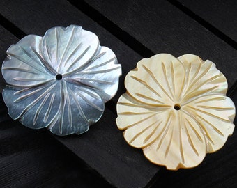 6pc 38mm Black/Yellow Mother of Pearl, Natural Shell Flower, Carved Shell Flower, Colored Shell Flower 5 Petals, Mother of Pearl MOP,TR270