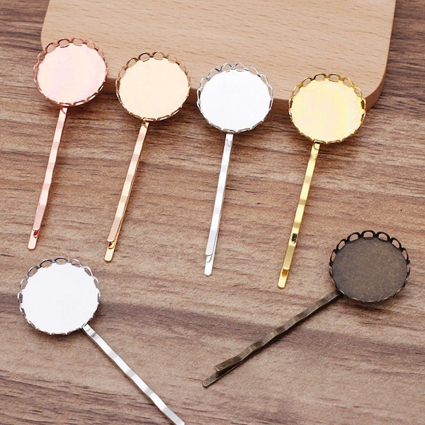 20pcs Hair Clips - Brass Lace Bezel Setting, 12mm/ 14mm/ 20mm Cabochon/Cameo Base SettingTray Blank, DIY Accessory Jewellery Making, 5739