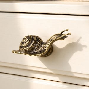 Puede incluir: Un pomo de cajón de metal en tono latón con forma de caracol, que presenta una concha en espiral detallada y antenas extendidas. El herraje está montado en un frente de cajón de madera color crema, con un acabado metálico y zonas oscuras.