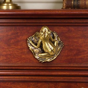 May include: A brass-toned metal drawer knob shaped like a frog sitting on a lily pad. The detailed sculpture features a smooth, reflective surface with dark accents in the crevices, mounted on a dark reddish-brown wooden drawer front.
