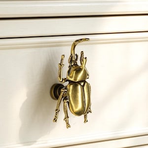 May include: A brass-colored metal cabinet knob shaped like a rhinoceros beetle with a prominent horn, six legs, and a segmented body. The beetle is mounted onto a cream-colored wooden drawer front with a smooth, matte finish and clean edges.