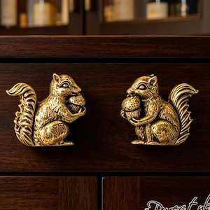 May include: Two brass-toned metal cabinet knobs shaped like squirrels, each holding an acorn. The squirrels are depicted in a seated position with detailed fur textures and bushy tails. The knobs are mounted on a dark brown wooden drawer front.