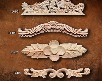 Retro Molding Wood Applique Wood Sticker, Flower Wood Carving Natural Wood Appliques, Unpainted Wood Applique Onlay, Furniture Decor, D15-1