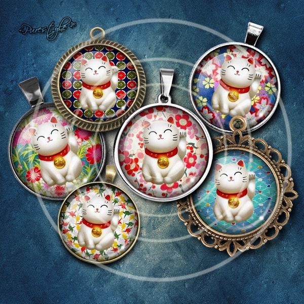 Planche Lucky Cat Cabochon,Handmade Photo Glass Cabochon,Round cabochons,Cabs Cabochons,Image Glass Cabochon, glass cabochons,Dome cabochons