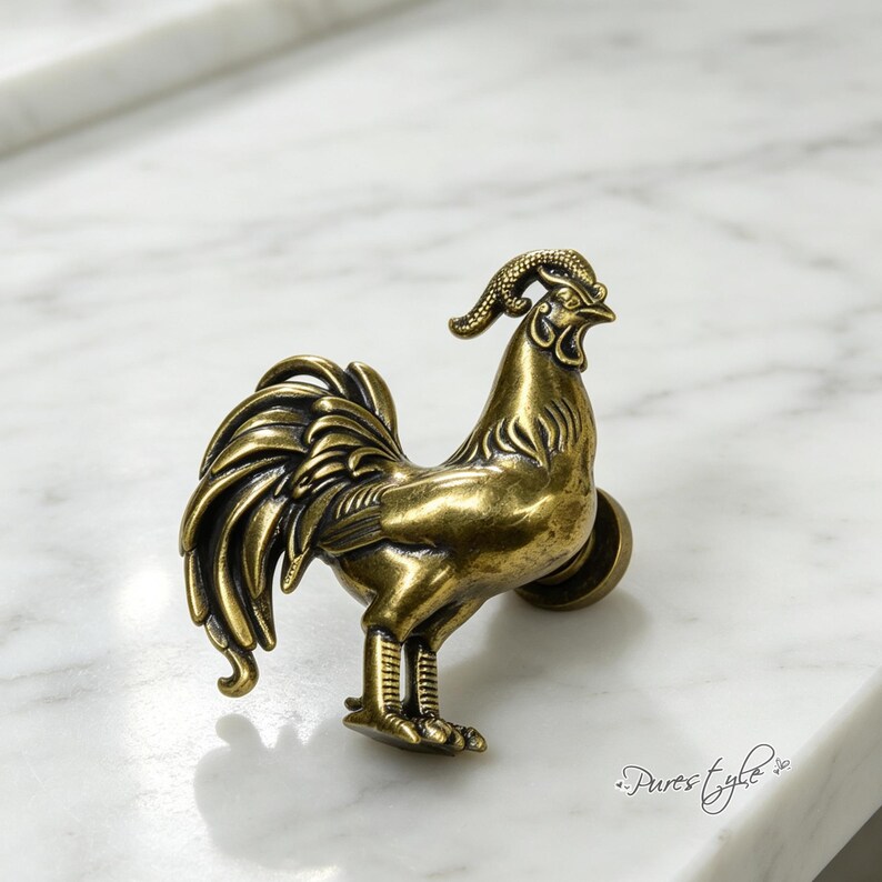 Tiradores de armario con forma de gallo de latón macizo, tiradores de cajón con forma de animal de latón antiguo, herrajes para muebles con forma de ave de granja para cómodas y armarios. imagen 2