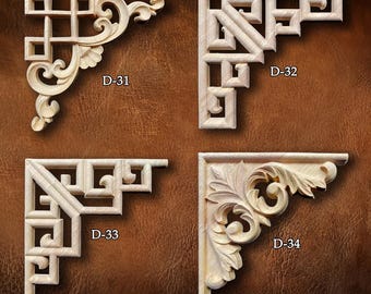 Unpainted Wood Applique: Carved Corner Onlay, Flower Wood Carving Natural Wood Appliques, Wood Corner flower, Wood decal, D34-6