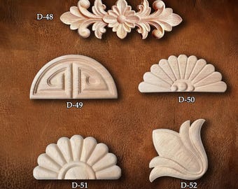 Retro Molding Wood Applique Wood Sticker, Flower Wood Carving Natural Wood Appliques, Unpainted Wood Applique Onlay, Furniture Decor, D15-12