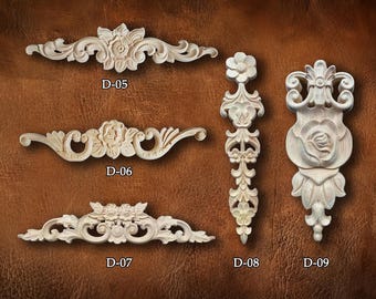 Retro Molding Wood Applique Wood Sticker, Flower Wood Carving Natural Wood Appliques, Unpainted Wood Applique Onlay, Furniture Decor, D13-1