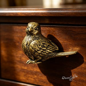 May include: A brass-colored metal drawer knob shaped like a small bird with detailed feather textures and a pointed beak. The bird is depicted in a side profile, facing left, and is mounted onto a dark brown wooden drawer front with a visible grain.