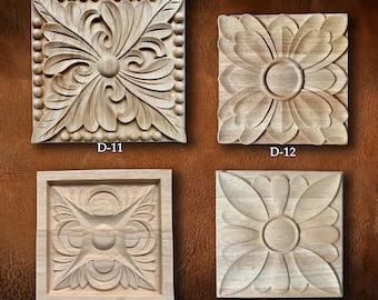 Wood Carved Applique: Square Rosettes Applique Onlay, Unpainted Rubberwood Onlay, Wood Rosette, D7-3