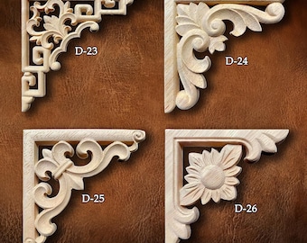 Applique in legno non verniciato: intarsio angolare intagliato, intaglio floreale in legno, applique in legno naturale, fiore angolare in legno, decalcomania in legno, D34-4