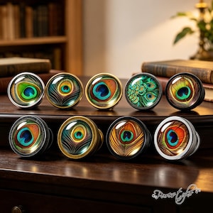 Peacock Glass Cabinet Knobs,Peacock Feather Drawer Pulls,Vintage Round Furniture Knob,Glass Dome Dresser Hardware,Decorative Cupboard Knob