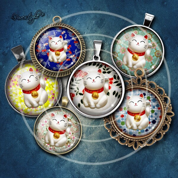 Planche Lucky Cat Cabochon, Handmade Photo Glass Cabochon, Cabochons ronds, Cabs Cabochons,Image Glass Cabochon, cabochons de verre, Cabochons dôme