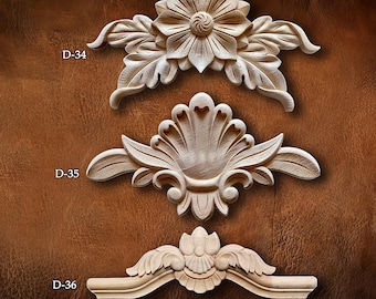 Retro Molding Wood Applique Wood Sticker, Flower Wood Carving Natural Wood Appliques, Unpainted Wood Applique Onlay, Furniture Decor, D26-10