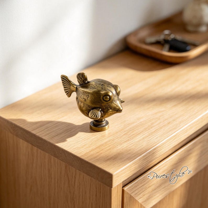 May include: A brass-toned metal cabinet knob shaped like a small, round fish with detailed fins, a pointed snout, and a circular eye. The knob features a textured, aged finish and is mounted on a short, cylindrical base for attachment to furniture.