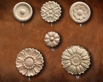 Wood Carved Applique: Round Rosettes Applique Onlay, Unpainted Rubberwood Onlay, Wood Rosette, D42-1