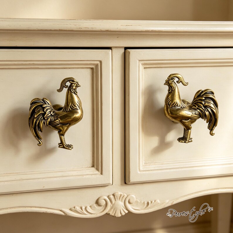 Tiradores de armario con forma de gallo de latón macizo, tiradores de cajón con forma de animal de latón antiguo, herrajes para muebles con forma de ave de granja para cómodas y armarios. imagen 4