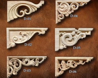 Unpainted Wood Applique: Carved Corner Onlay, Flower Wood Carving Natural Wood Appliques, Wood Corner flower, Wood decal, D36