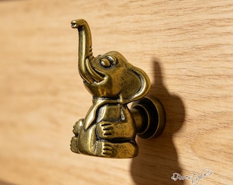 Solid Brass Elephant Drawer Knob, Animal Cabinet Pull, Vintage Brass Knob, Cute Wildlife Furniture Hardware for Dresser Cupboard Decor