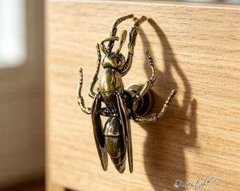 Solid Brass Wasp Drawer Knob, Insect Cabinet Pull, Vintage Brass Knob, Unique Bug Furniture Hardware for Dresser Cupboard Decor