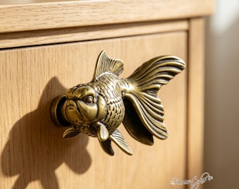 Solid Brass Goldfish Drawer Knob, Fish Cabinet Pull, Vintage Brass Knob, Unique Animal Furniture Hardware for Dresser Cupboard Decor