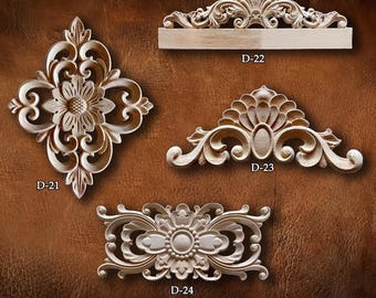 Retro Molding Wood Applique Wood Sticker, Flower Wood Carving Natural Wood Appliques, Unpainted Wood Applique Onlay, Furniture Decor, D26-6