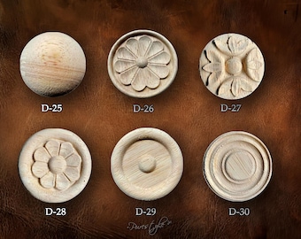 Wood Carved Applique: Round Rosettes Applique Onlay, Unpainted Rubberwood Onlay, Wood Rosette, D2-4