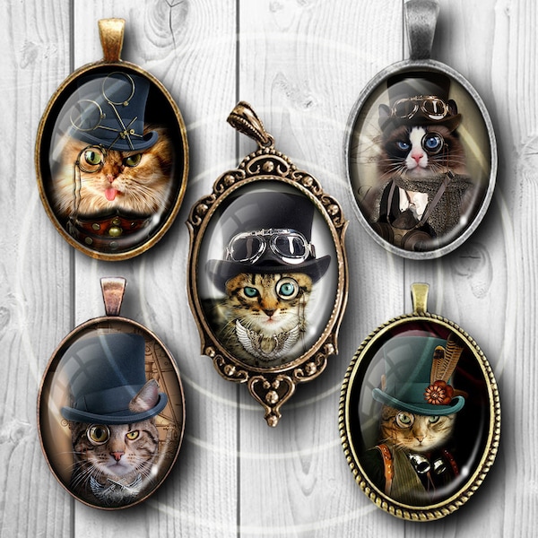 Steampunk Cat, Oval Handmade Photo Glass Cabochons,Oval Cabs Cabochons,Oval Dome cabochons 10x14mm-13x18mm-18x25mm-30x40mm