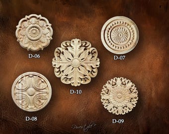 Aplique de madera tallada: rosetas redondas, aplique de madera de caucho sin pintar, roseta de madera, D1-1