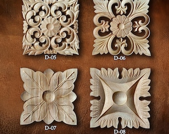 Wood Carved Applique: Square Rosettes Applique Onlay, Unpainted Rubberwood Onlay, Wood Rosette, D8-1