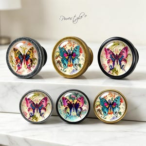 May include: Six round cabinet knobs featuring colorful butterfly and floral illustrations under a glass dome. The knobs have metallic frames in antique silver, brass, and black finishes. The text Purestyle is printed above the knobs.